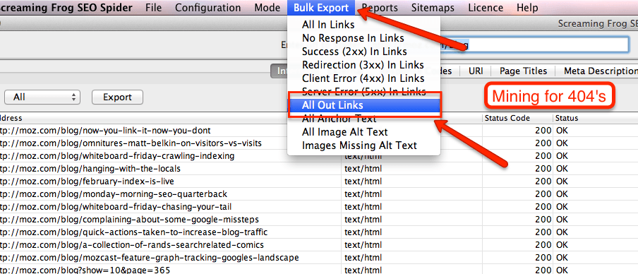 Export all out links in Screaming Frog
