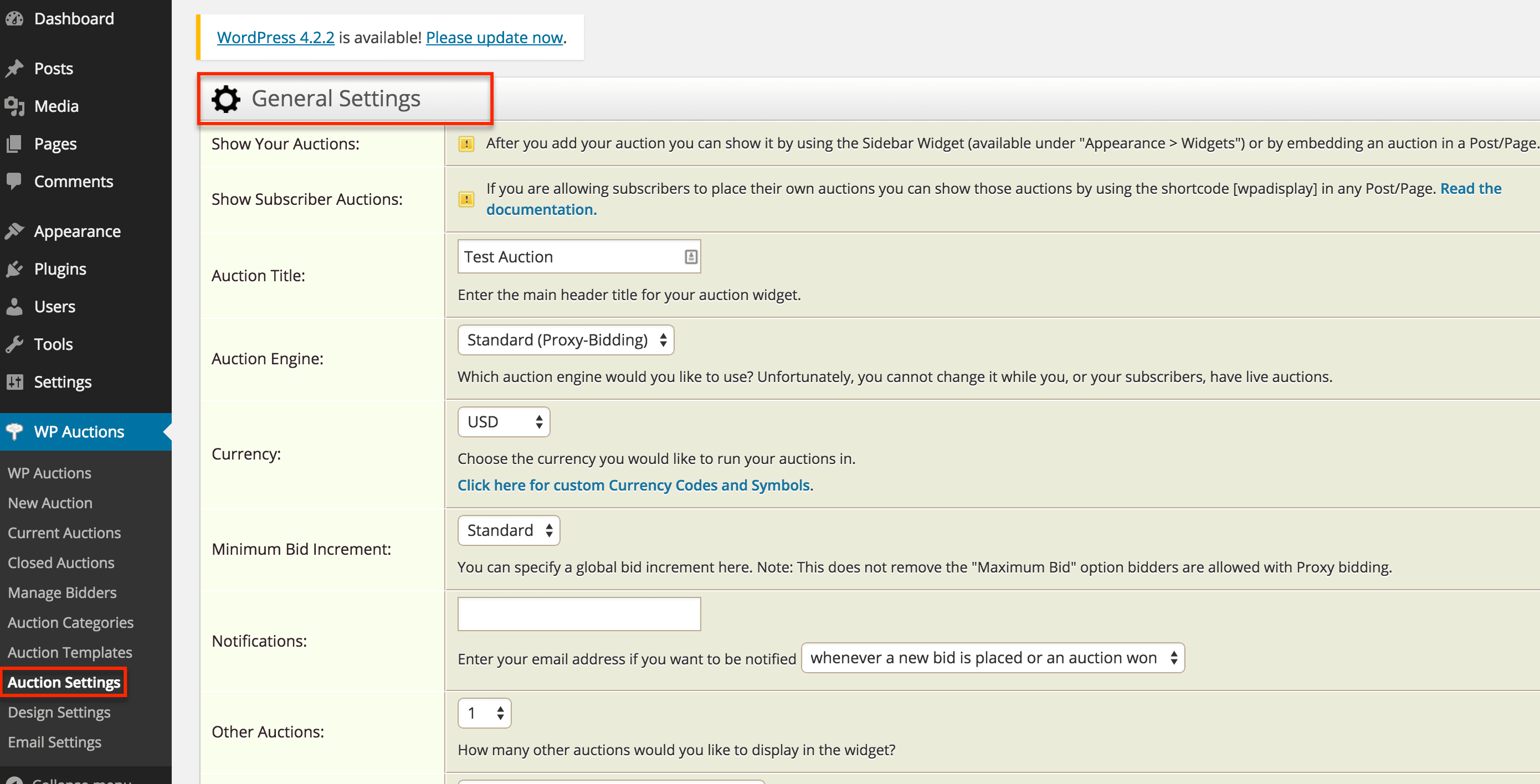 WP Auctions General Settings