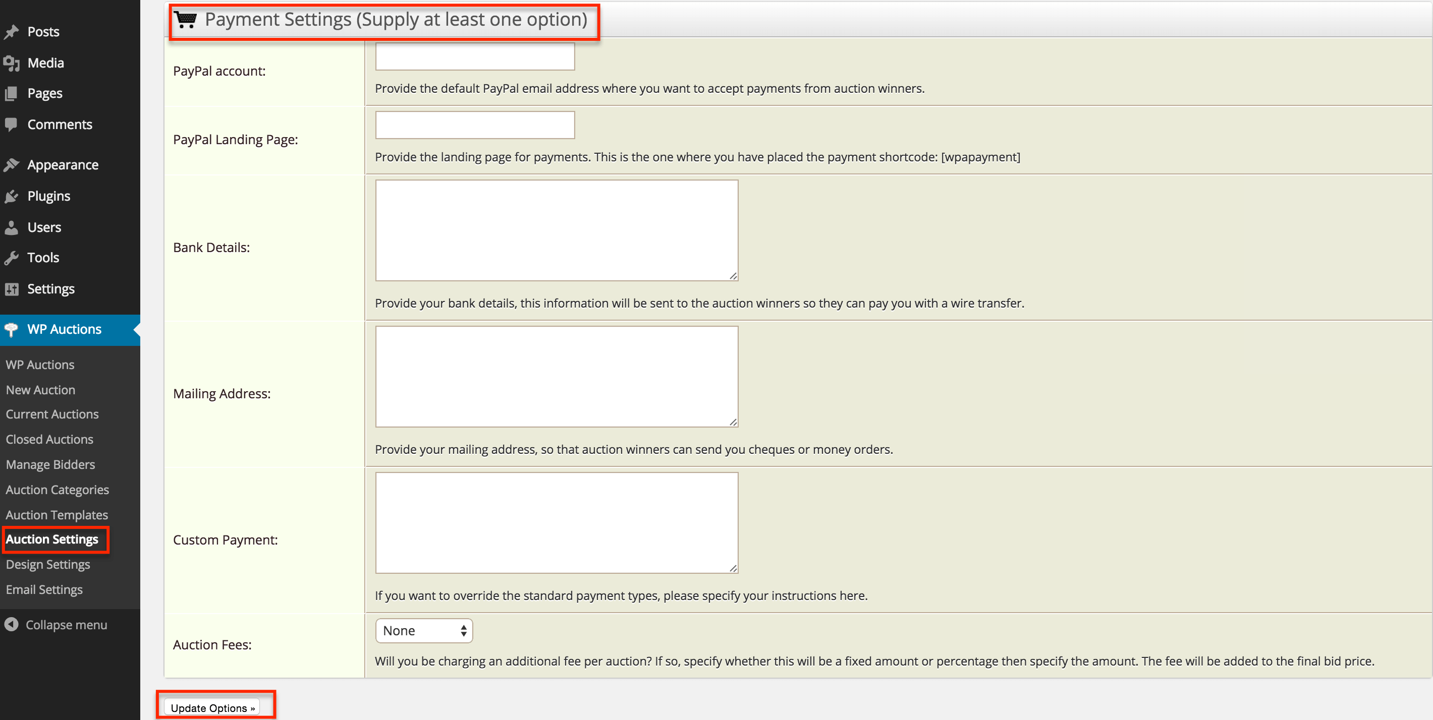 WP Auctions Payment Settings