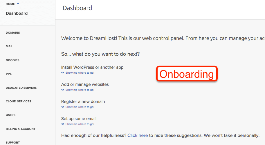 DreamHost Onboarding screenshot for my DreamHost Hosting Review