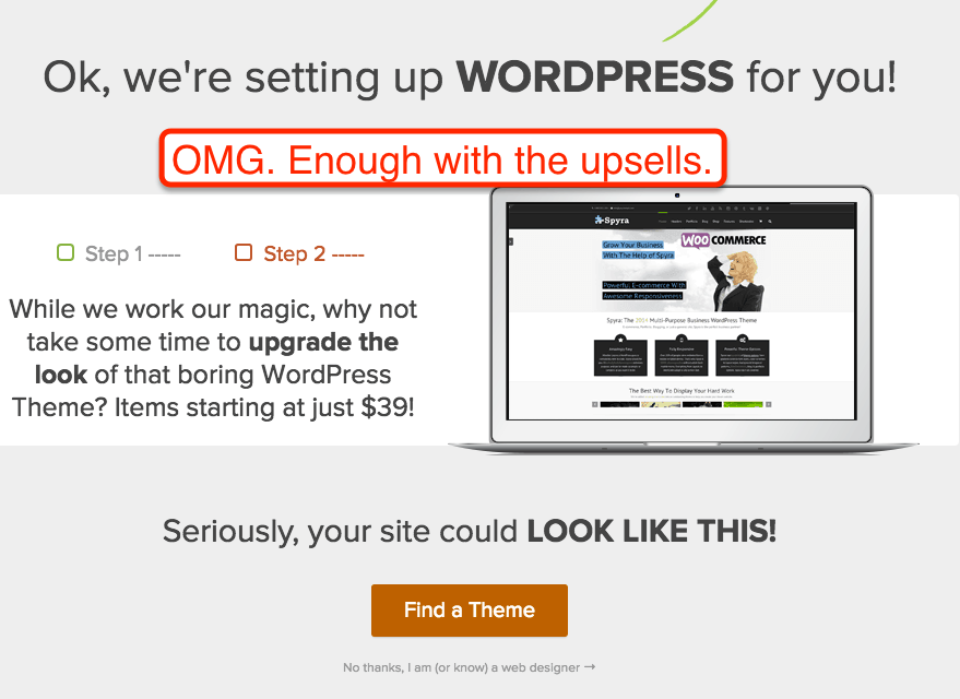 WordPress Upsells example screenshot for my iPage Hosting Review