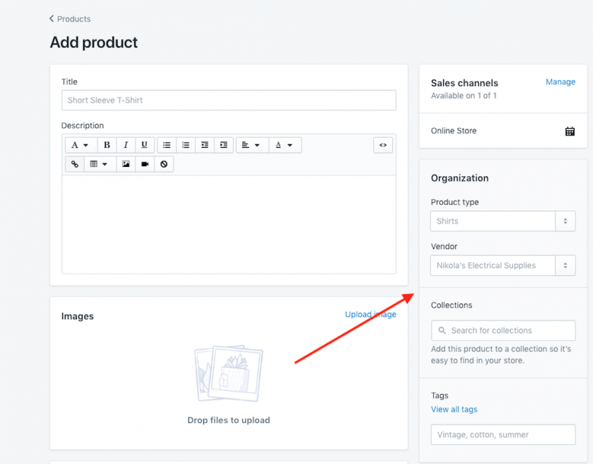 add product organization in Shopify