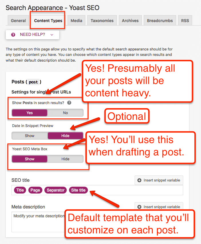 Yoast Search Appearance Content Types