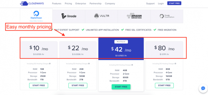 Cloudways monthly pricing