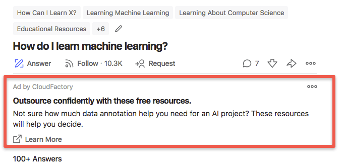 Quora Ad Example - Question Targeted Text Ad