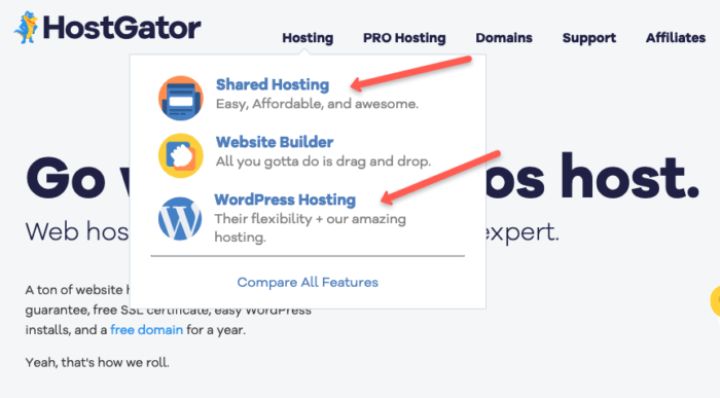 hostgator shared vs wordpress hosting screenshot