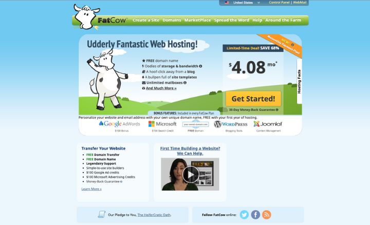 screenshot of FatCow homepage