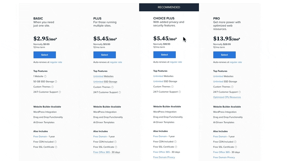 Screenshot of Bluehost pricing