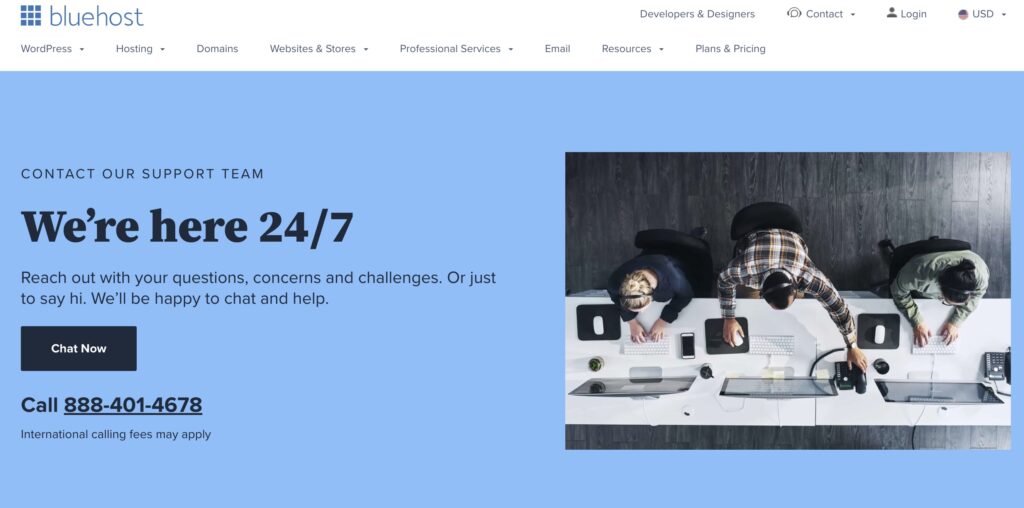 bluehost customer support landing page screenshot