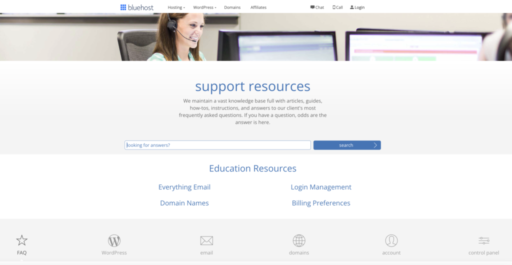 bluehost support resources screenshot