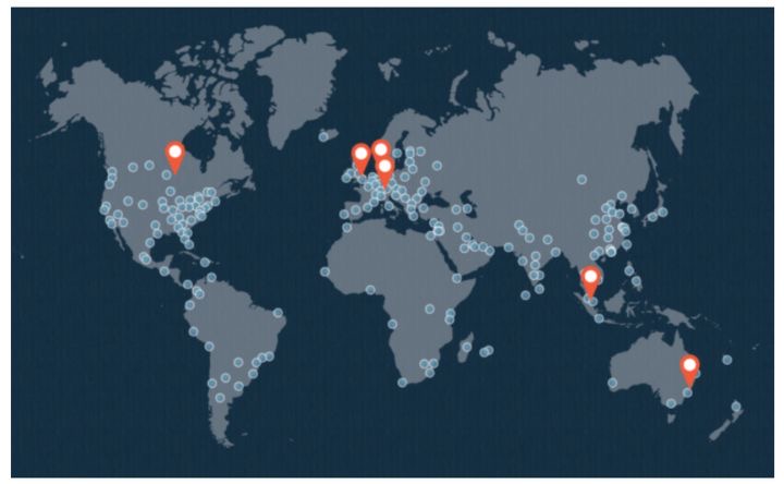 World map displaying location of SiteGround data centers