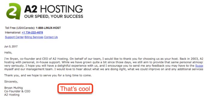 Screenshot of email from A2 Hosting CEO