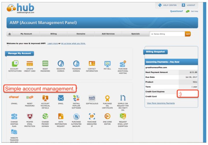 Screenshot of Web Hosting Hub Account Management Panel