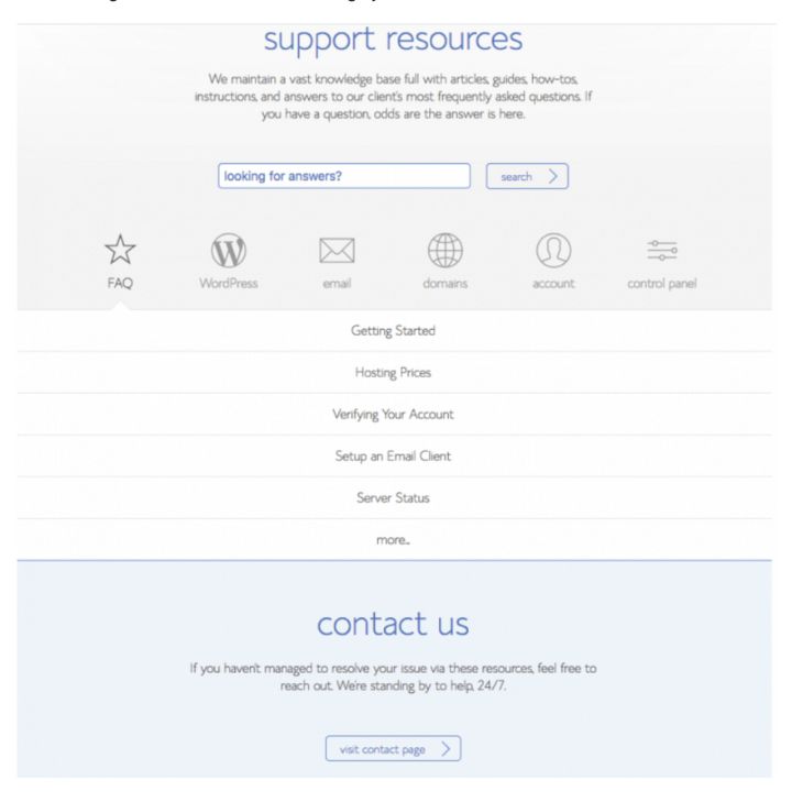Screenshot of Bluehost support page
