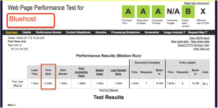 screenshot of bluehost web page performance test 