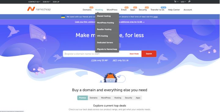 screenshot of namecheap homepage
