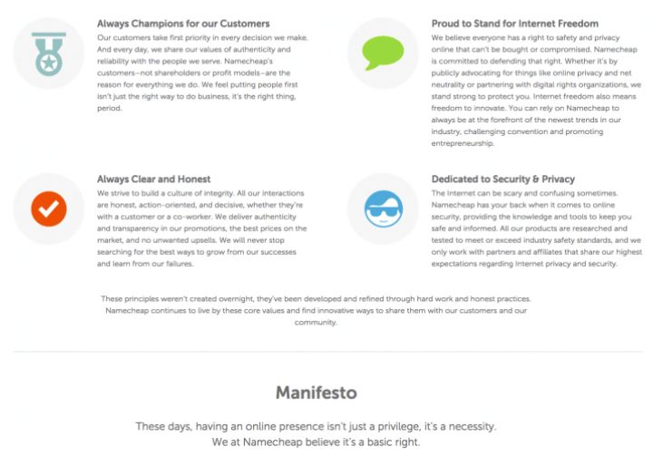 screenshot of namecheap principles