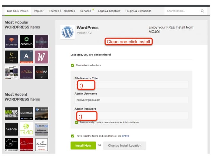 screenshot of justhost wordpress install