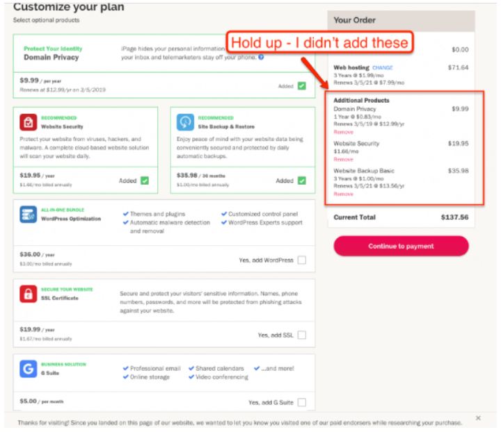 screenshot of ipage order page upsells